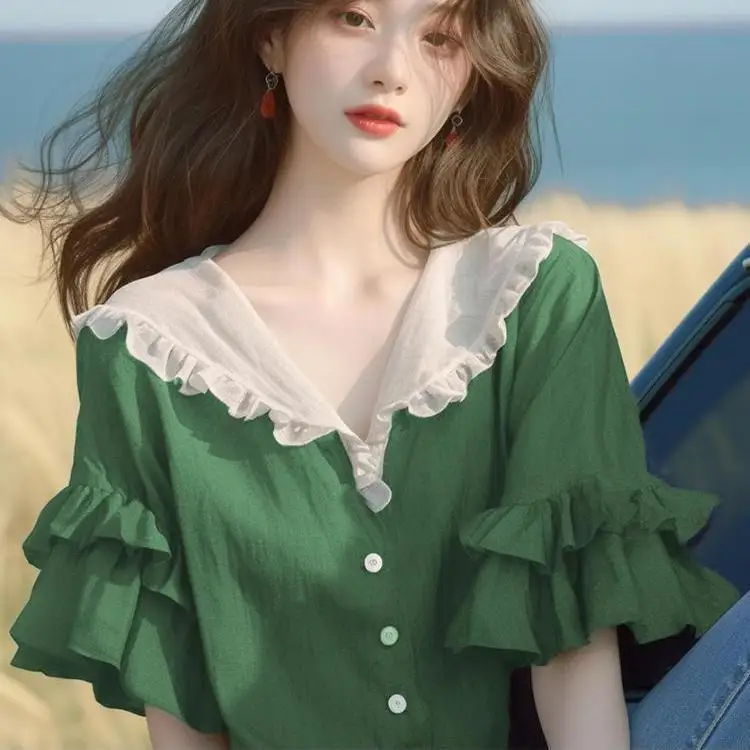 

Summer Popular Hit Design Sense Top with Elegant High-end Beautiful Lotus Leaf Collar Short Sleeve Shirt