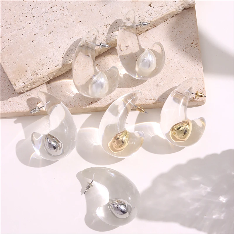 HangZhi New Design Transparent Resin Large Earrings Water Drop Metal Copper Ball Pearl Elegant Vintage Jewelry for Women