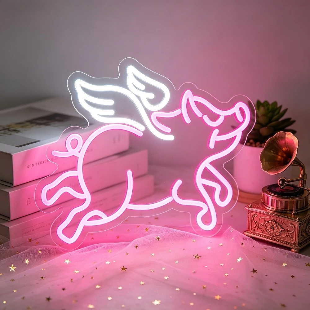 Flying Pig Neon Sign LED USB Dimmable Cute Animal Night Light for Bedroom Decor Acrylic Wall Art Desk Sign Pig Symbol Decoration