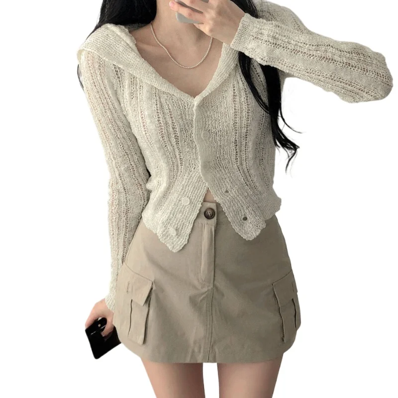 REALEFT Spring Summer Hollow Out Crochet Women's Blouses 2025 New Long Sleeve Knitted Navy Collar Single Breasted Shirts Womens