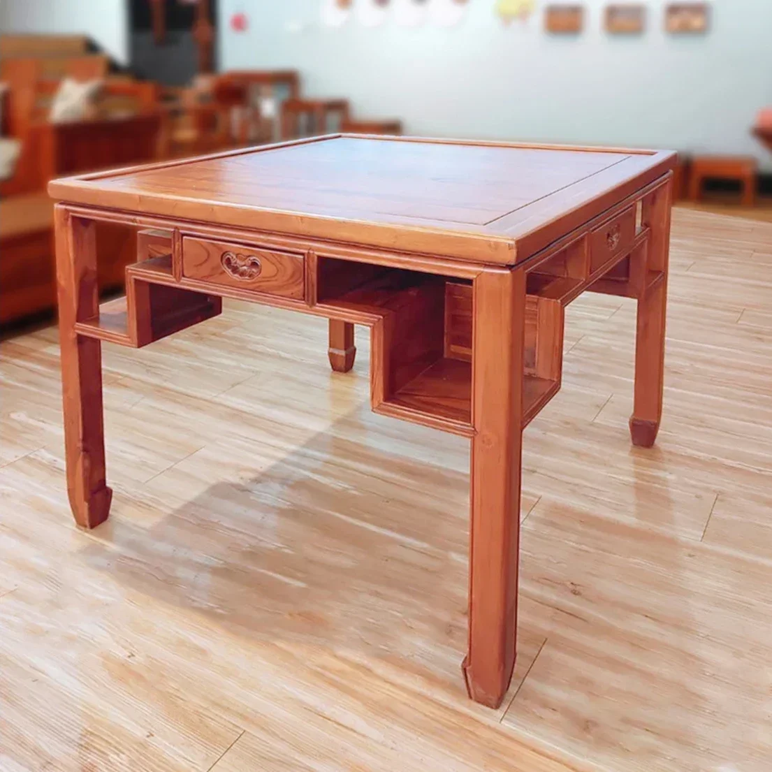 

Practical Teak Mahjong Table with Built-In Drink Holders, Drawers and 4 Legs for Restaurant, Dining Room and Living Room