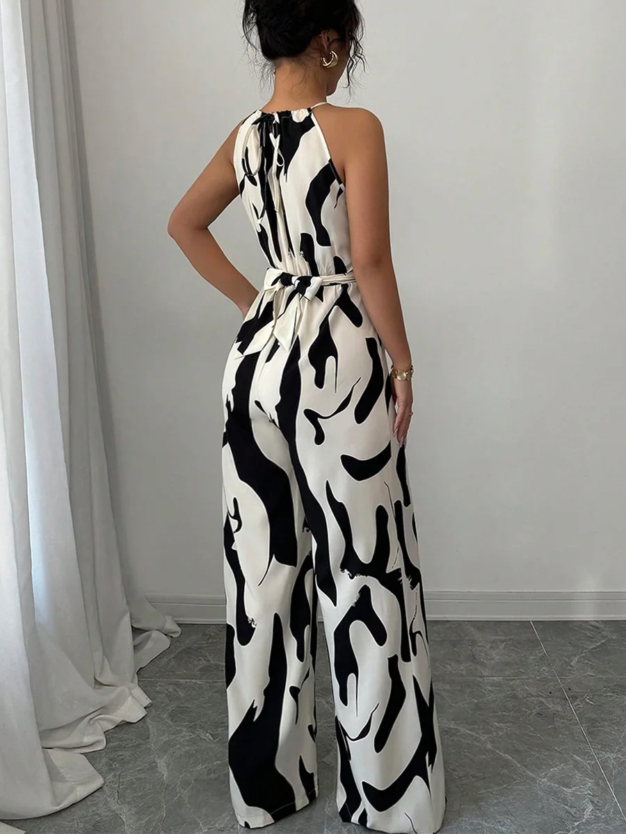 Jumpsuits voor dames Zebrastreep Halter Eendelig Vetersluiting Wijde pijpen Broek Jumpsuit Zomer Sexy Kleding Vrouwelijke elegante jumpsuit