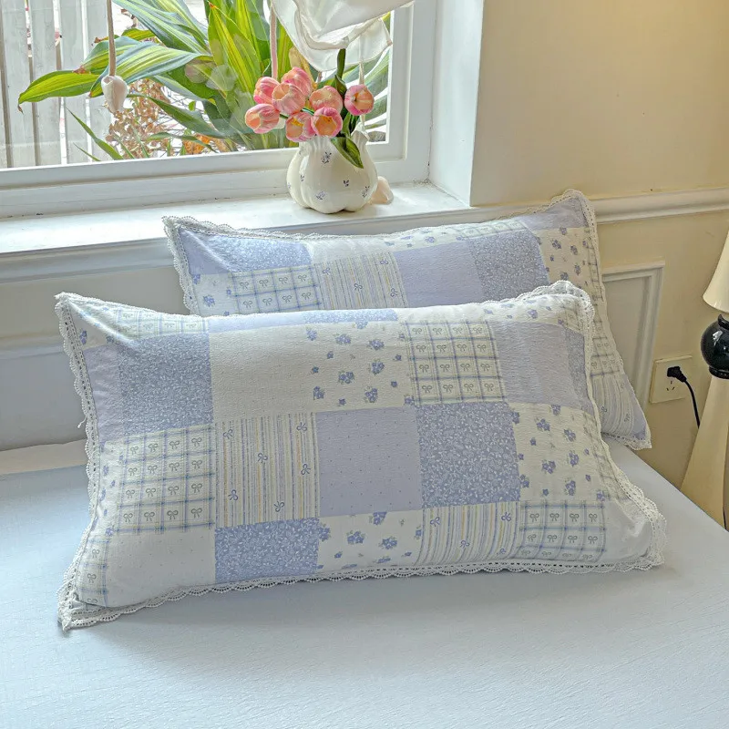 Cute Strawberry Plaid Pillowcase Sweet Korean Princess Style Lace Edge Soft Pillow Cover 48x74cm Bedroom Home Bedding Pillowslip