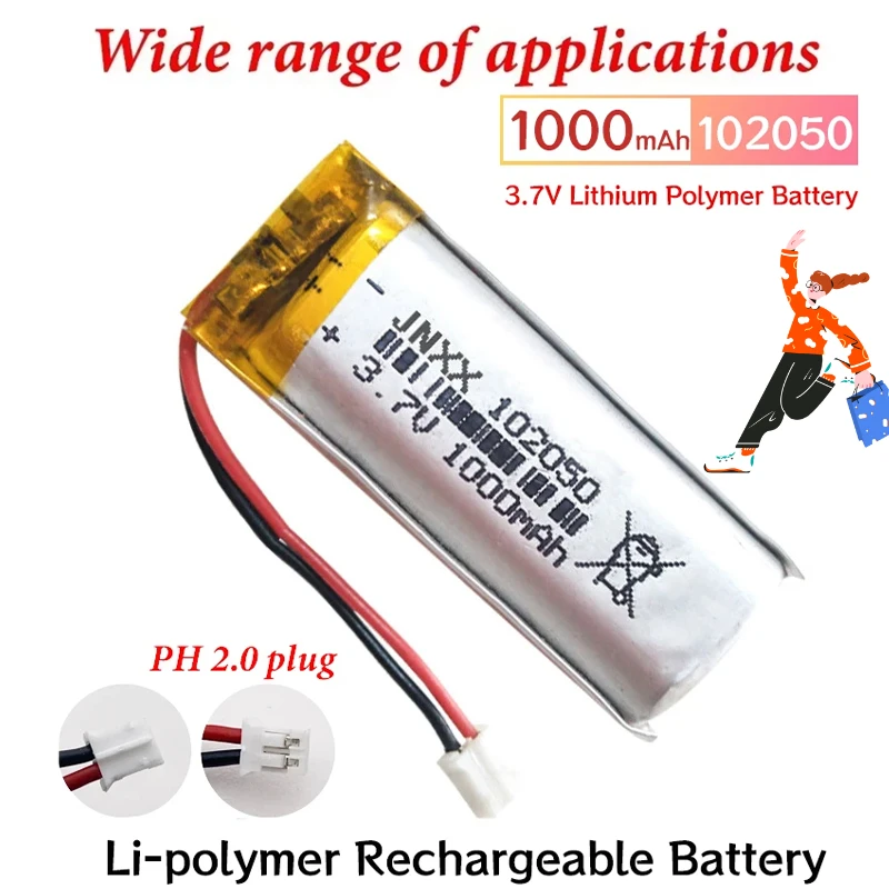 3.7V 1000mAh 102050 Lipo Cells Lithium Polymer Rechargeable Battery for GPS Recording Pen LED Light Beauty Instrument Speaker