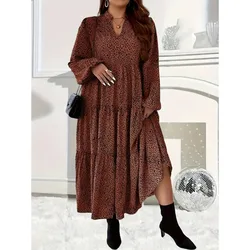 Damska sukienka 1XL-5XL Plus Size Fashion Leopard Print Tiered Long Dress Ladies Casual Notch Neck Long Sleeve Dress Odzież damska