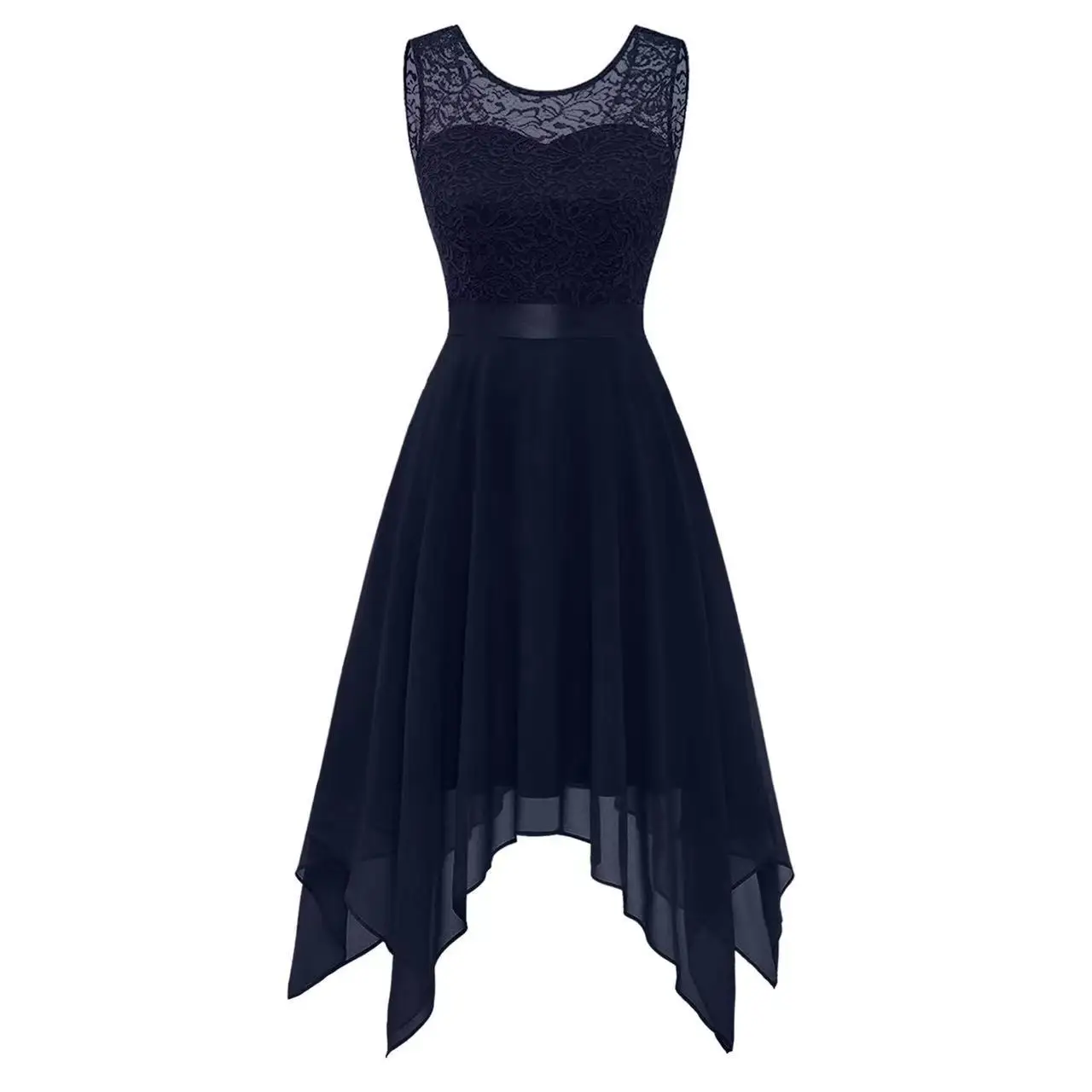 فستان أنيق لحفلات الكوكتيل من الشيفون والدانتيل بدون أكمام