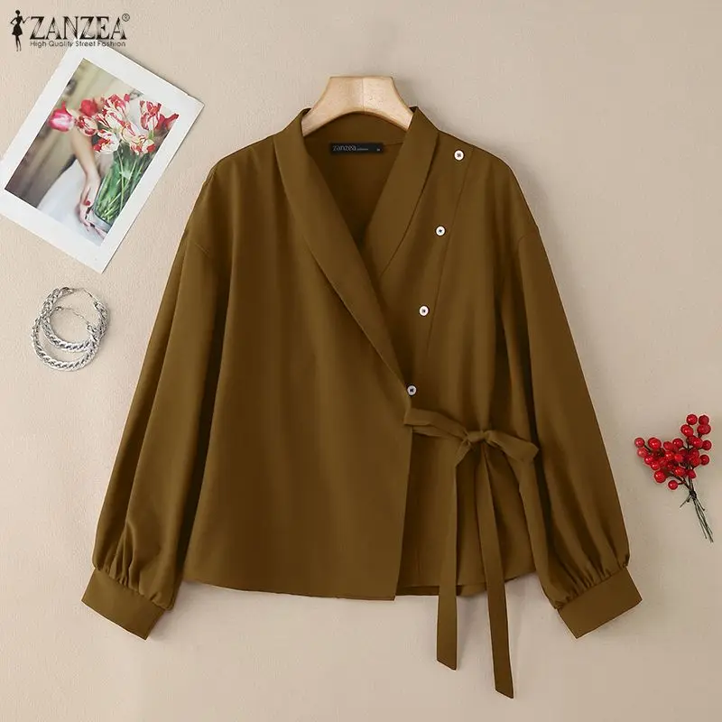 

ZANZEA 2025 Autumn Elegant V Neck Long Sleeve Tops Office Women Blouse Spring Shirt Solid Lace -Up Pullover Blusas Mujer Femme