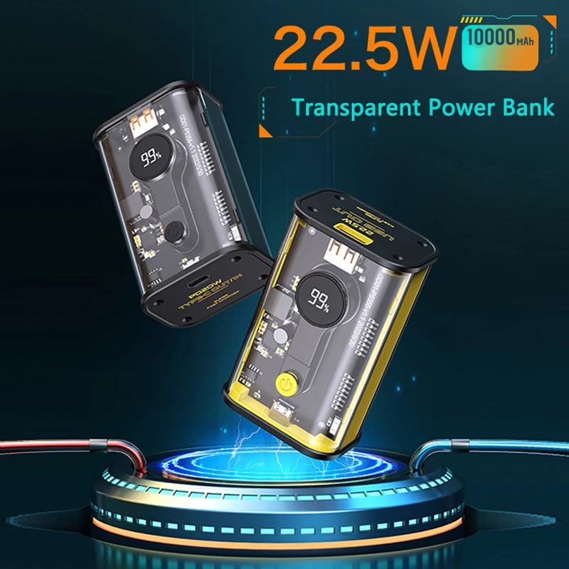 10000mah 22.5W Two-way Fast Charging Power Bank PD20W Transparent Battery Smart Display Portable Phone Charger Punk Power Bank