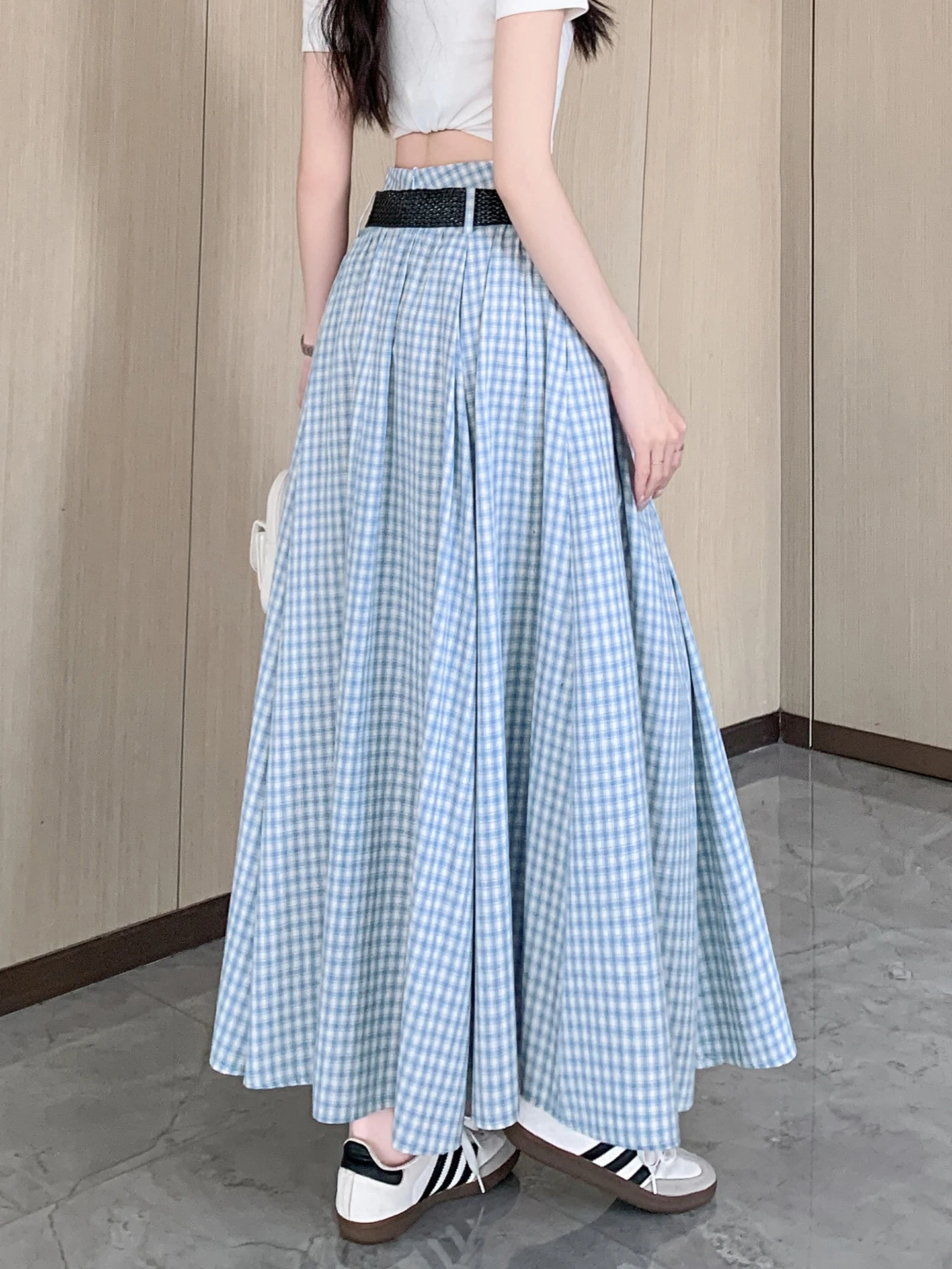 

Ретро-юбка в клетку для женщин, весна-лето, с высокой талией, драпированная, А-силуэт, плиссированная, расклешенная, мягкая, удобная, повседневная