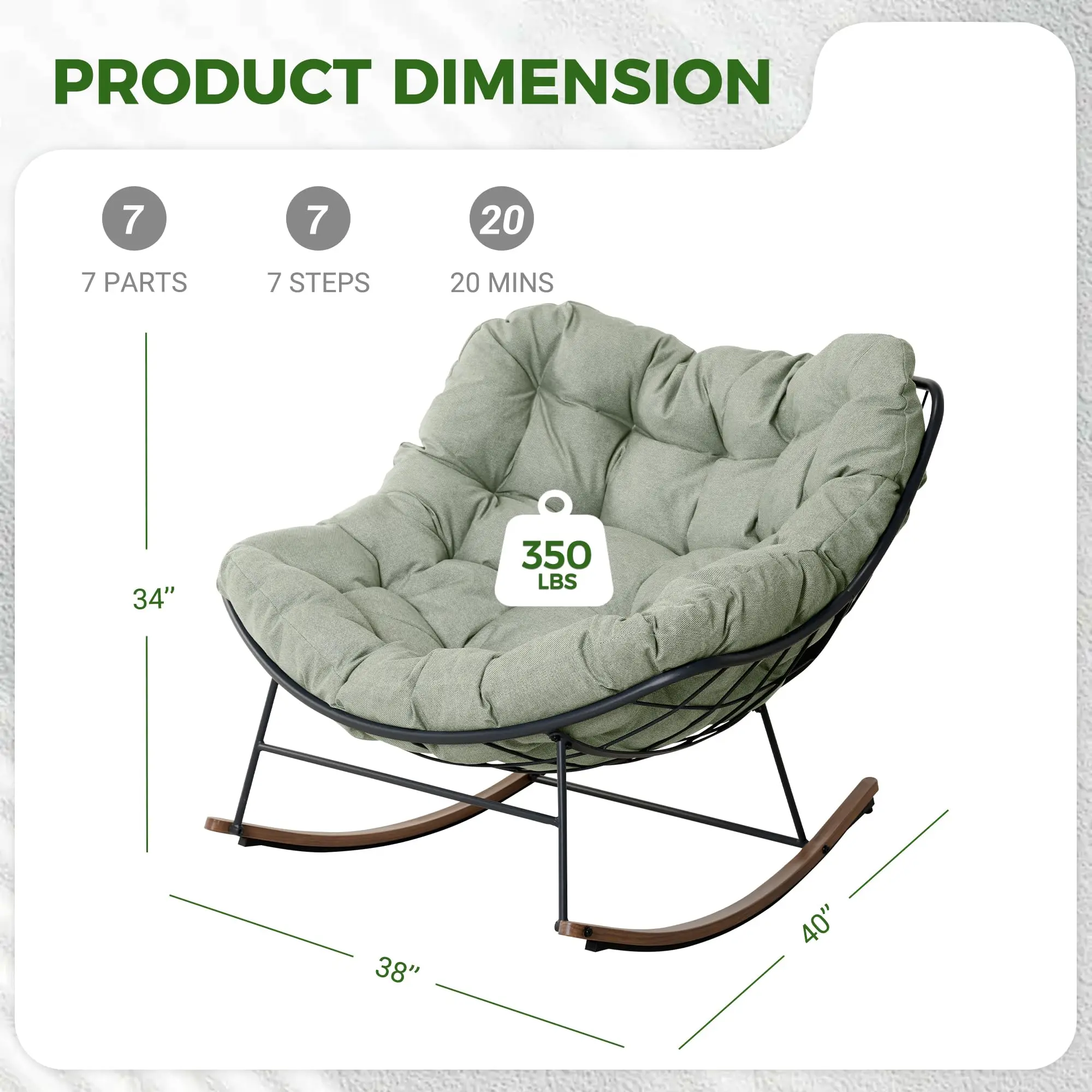 Outdoor Papasan Rocking Chair with Thick Cushion, Sage Green