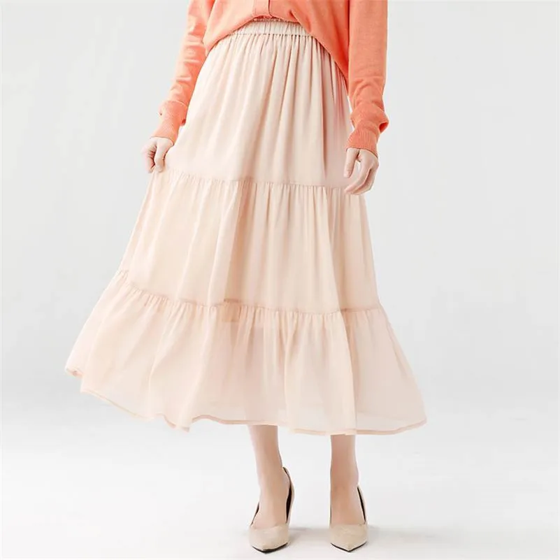 2024 New Autumn Long Chiffon Skirts Women Solid Casual Ruffles Elegant Skrits Female Elastic High Waist Skirts