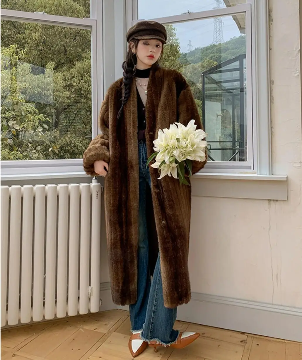 2023 Winter Vintage Brown Embossing Striped Line Faux Fur Coat CHIC Women V neck Full Sleeve Loose Warm Maxi Long Jacket Coat