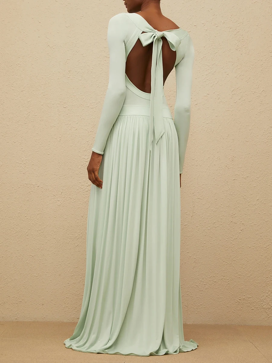 VGH-Vestido largo con encaje empalmado y espalda descubierta para mujer, vestidos de noche plisados con temperamento de cintura alta y manga larga con cuello redondo, novedad