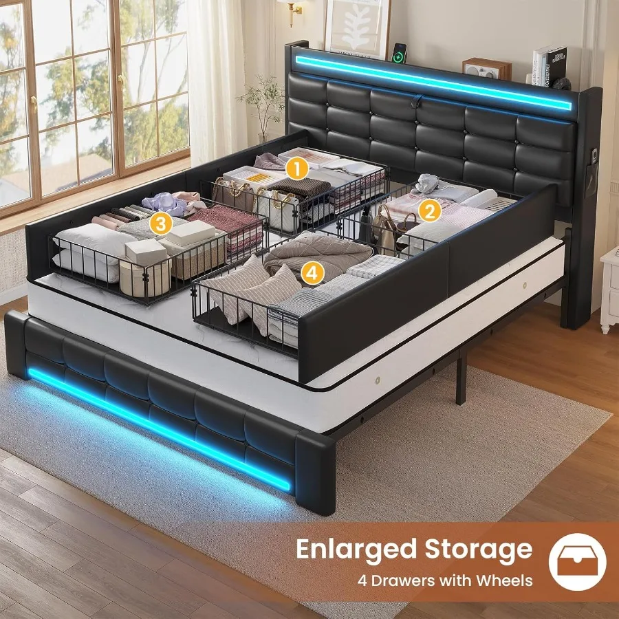 إطار سرير كوين مع لوح رأسي للتخزين و4 أدراج إطار سرير LED كوين مع محطة شحن سرير منجد من الجلد #5