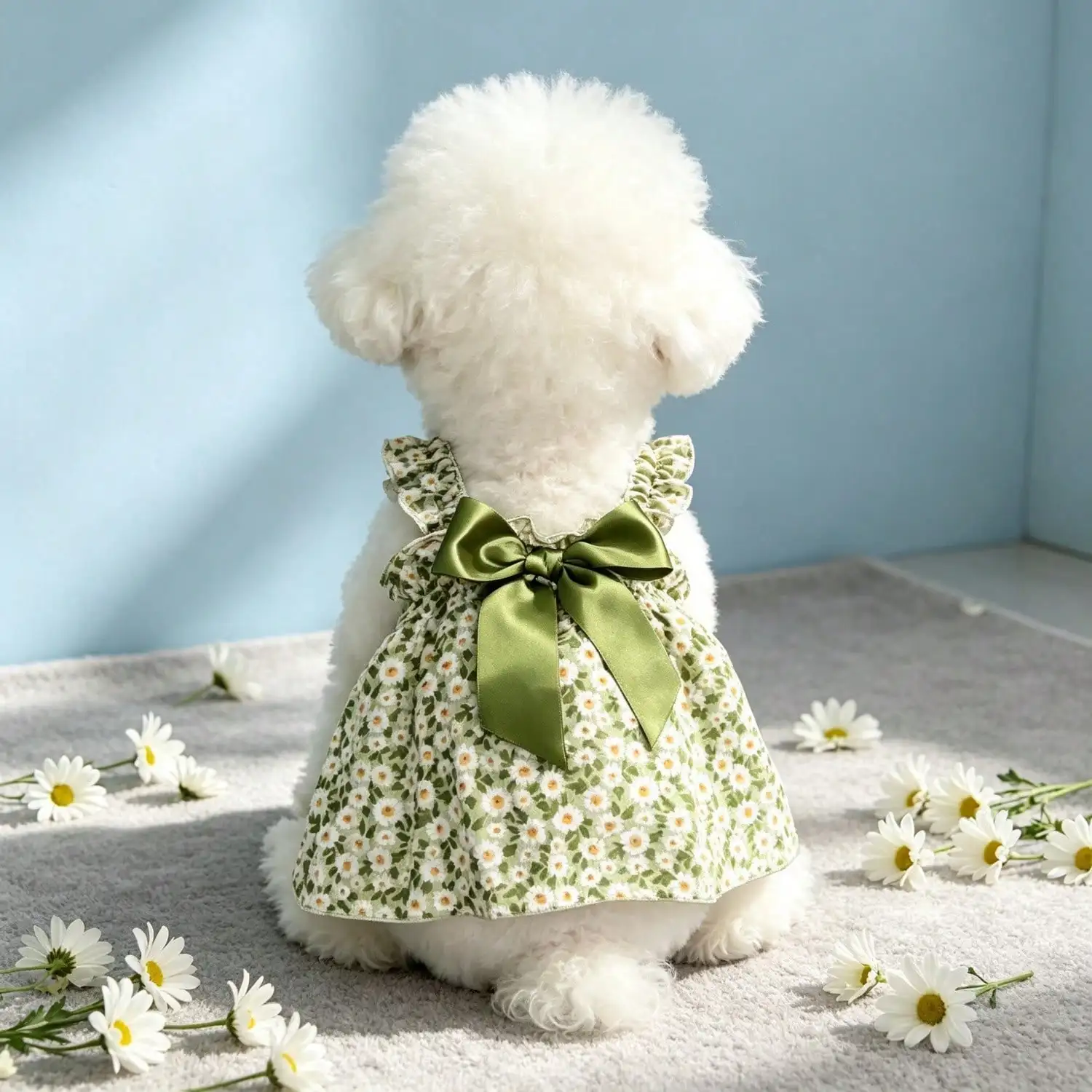 Sommerkleid für Haustiere, ärmellos, mit Blumenmuster, Rüschenriemen, großer Schleife als Dekoration für kleine Hunde, für den täglichen Gebrauch und Partys. – Detail 15