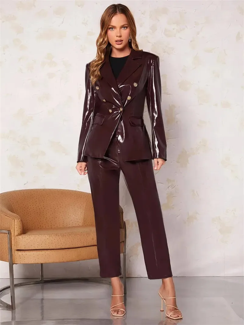 Sexy Leather Women Suit Set Blazer+Pants Fashion Formal Business Office Lady Coat Prom Dress Custom Made Jacket дамский костюм