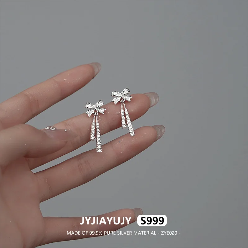 JYJIAYUJY 100% Pure Silver S999 Earrings 27MM Butterfly Shaped Design With White Zircon Fashion Jewelry Gift Daily Use ZYE020