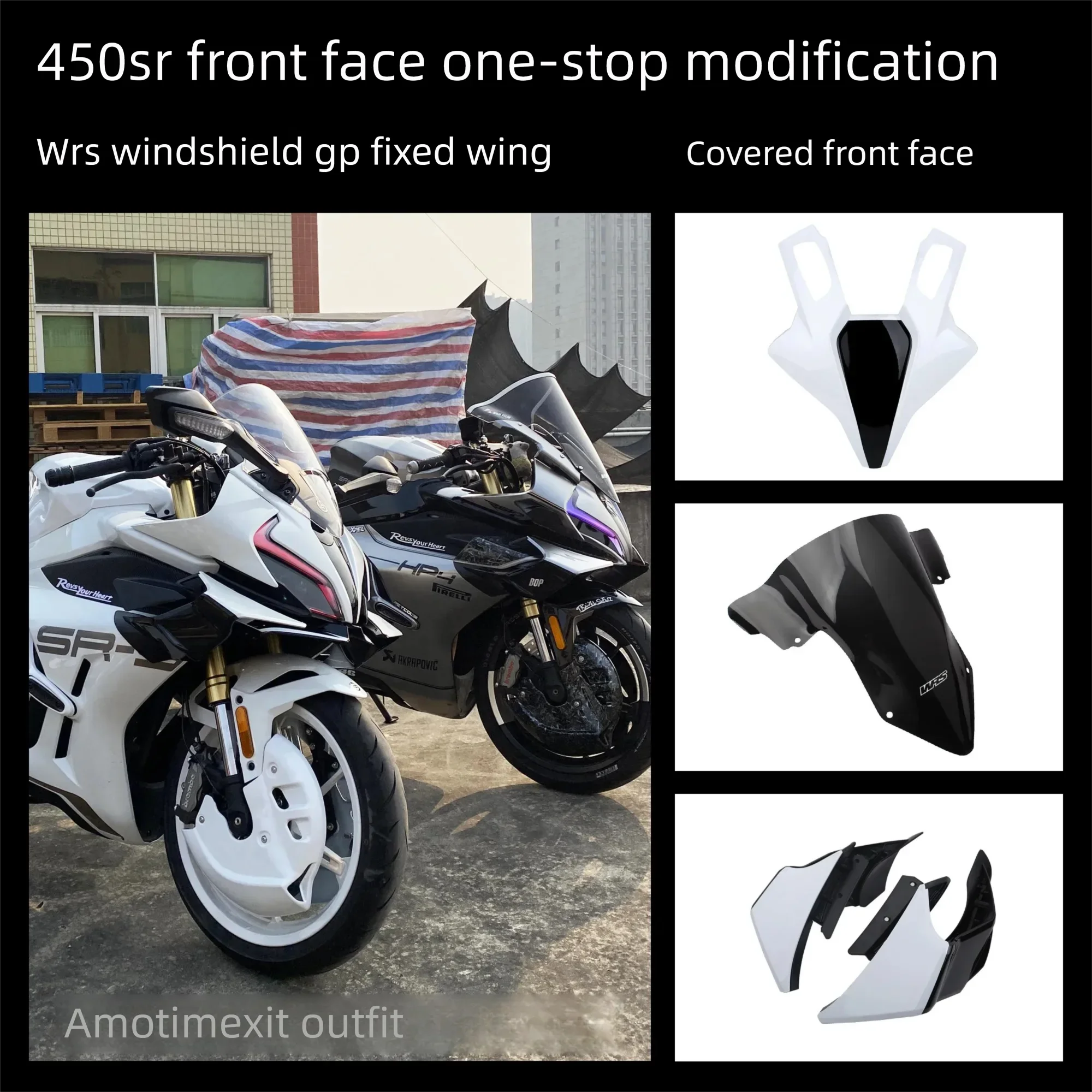 

For CFMOTO 450SR/SRS, the front face spoilers, GP race track side wing diffuser, racing windscreen lower lip accessories