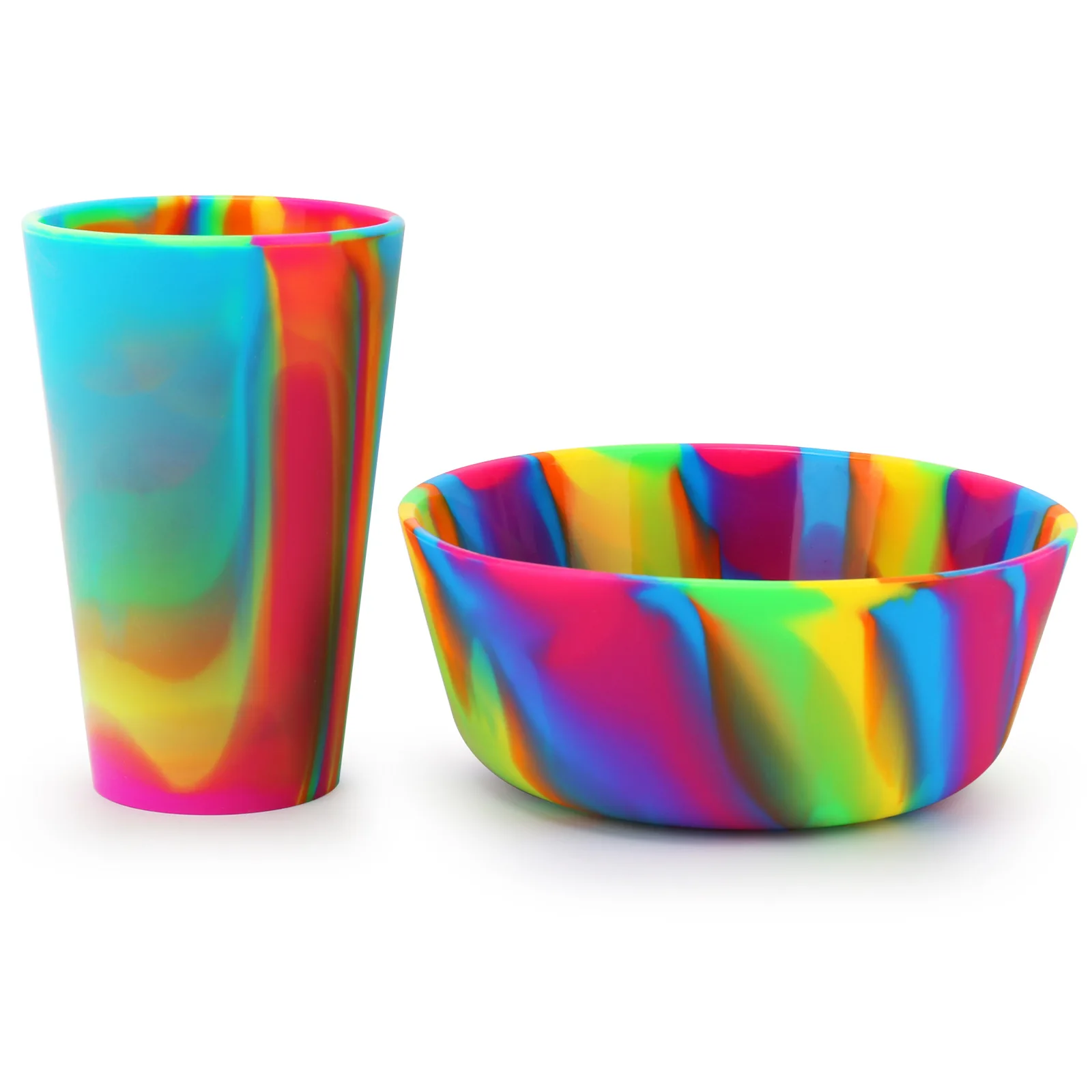 Rainbow Tie Dye Silicone Cup and Bowl Set, Food Grade Unbreakable Drinking Cup Salad Bowl for Outdoor Camping