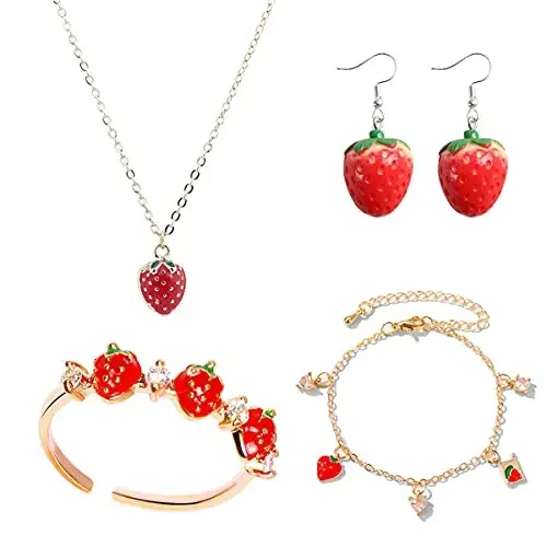 

4PCS Fashion Red Strawberry Earrings Necklace Pink Love Heart Diamond Bracelet Ring for Women Birthday Party Prom Jewelry Set