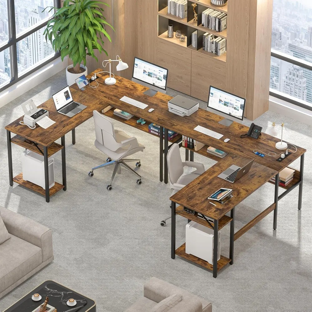 Modern Corner Desk with USB Ports and Power Outlets, Sturdy L-Shaped Computer Desk for Home Office with Storage Shelf