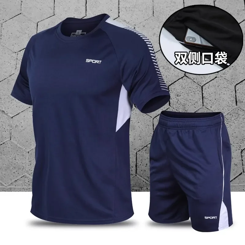 

New summer sports running suit for men, short sleeved round neck T-shirt, fitness training quick drying clothes, casual morning