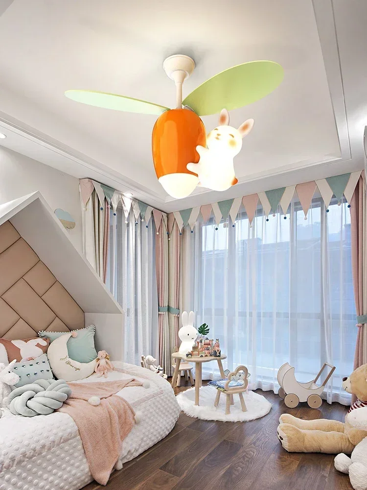 Children's room fan childlike cute rabbit Luobei ceiling fan light boys and girls no strobe eye protection silent fan chandelier