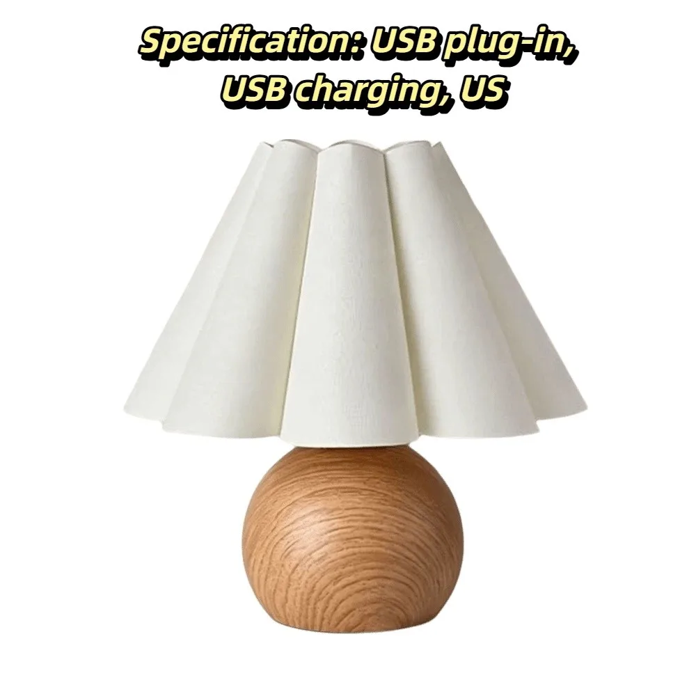Rechargeable Bedside Lamp Walnut Wood Grain Linen Petal Shade Table Lamp Pleated Shade Warm Ambient Lighting Ambient Night Light