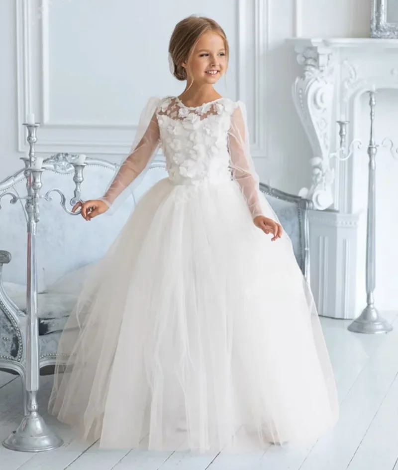 High Quality Princess Flower Girl Dress for Wedding Party Ball Gown Lace Ivory White Girls First Communion Dress Child 1-14T