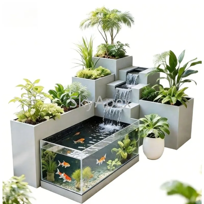 Balcony Creative Flowing Water Fish Tank Flower Box Metal Acrylic Lucky Terrace  Circulating  Fish  Pool  Courtyard  Combination