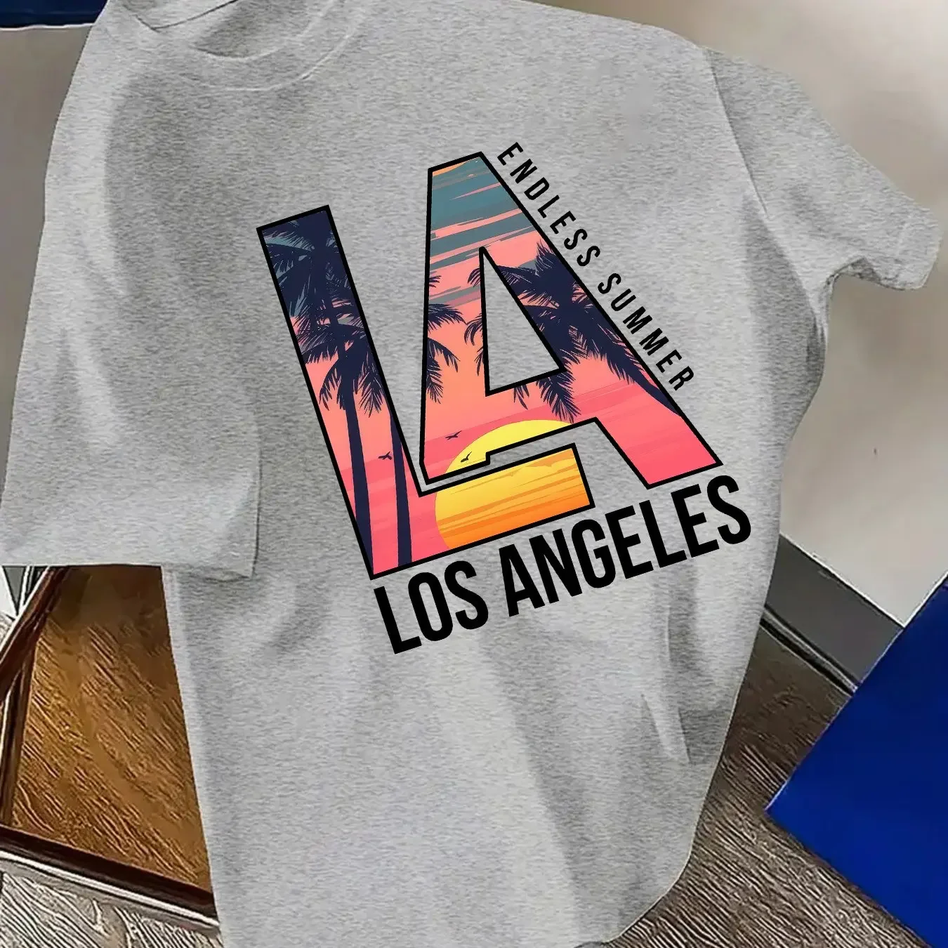 Tropical Beach Sunset Front Print Tee LA Los Angeles Palm Tree Scenery Print Men Breathable Cotton Summer Short Sleeve T-Shirt