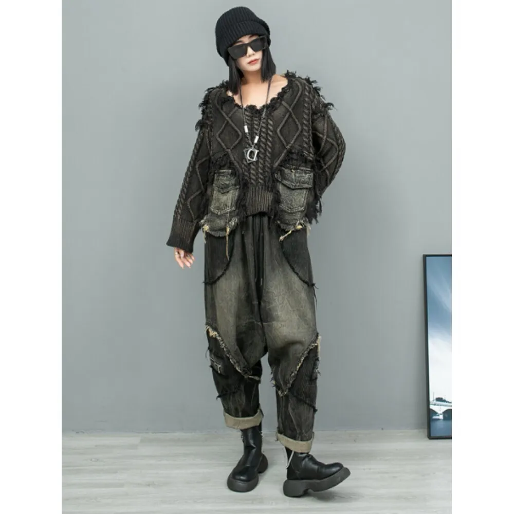 

Individuality Trendy Cool Wool Splice Denim Sweater + Hanging Crotch Harem Pants Two Piece Set Women 2024 Autumn ZF167