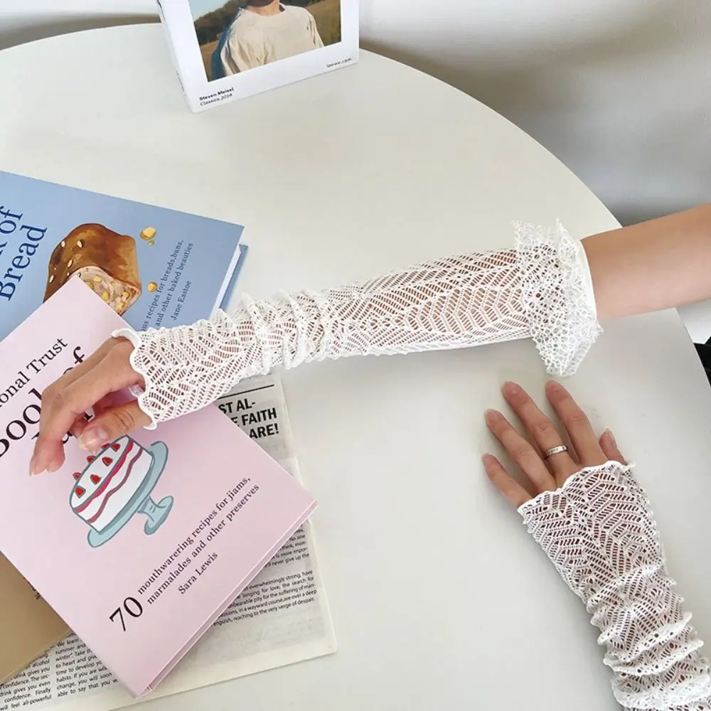 Nuevo Guantes sin dedos de encaje, mangas de brazo Anti-UV de malla elástica, protector solar para
