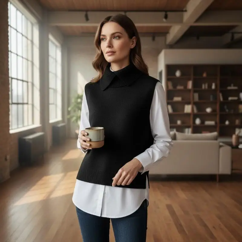 

Autumn Winter Korean Solid Color Lapel Sleeveless Versatile Casual Knitted Vest For Women