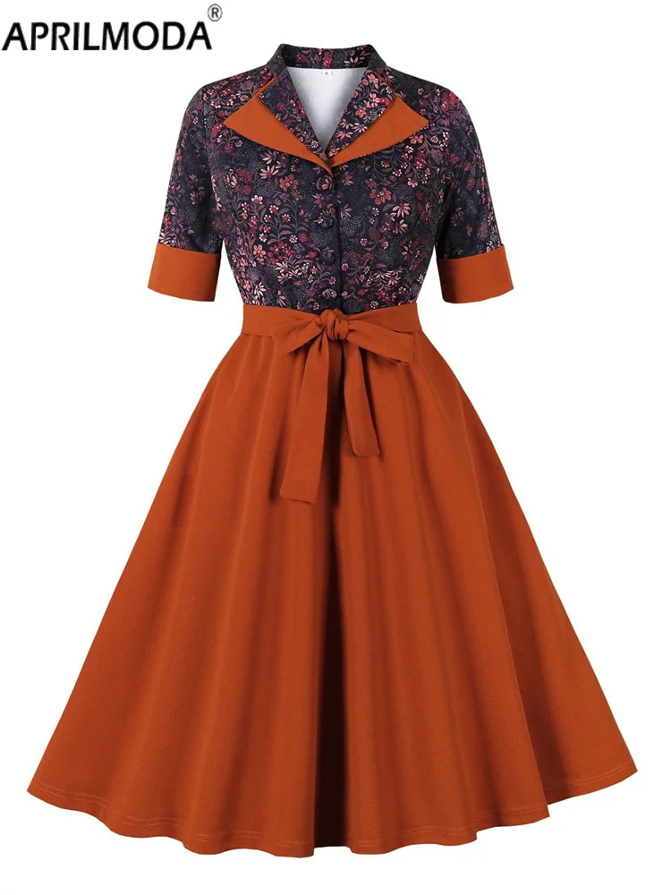 

Elegant Floral Print Patchwork Vintage Summer Women's Dress Half Short Sleeve A Line Swing Flare Tea Casual Dress with pocket