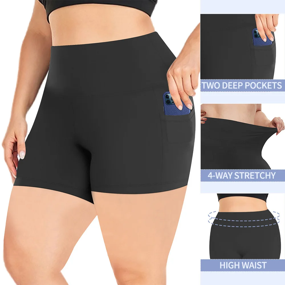 Yoga-Shorts in Übergröße für Damen, hohe Taille, Seitentasche, Workout, Laufhose, dehnbar, sportlich, Sommermode, schmale Shorts – Detail 4