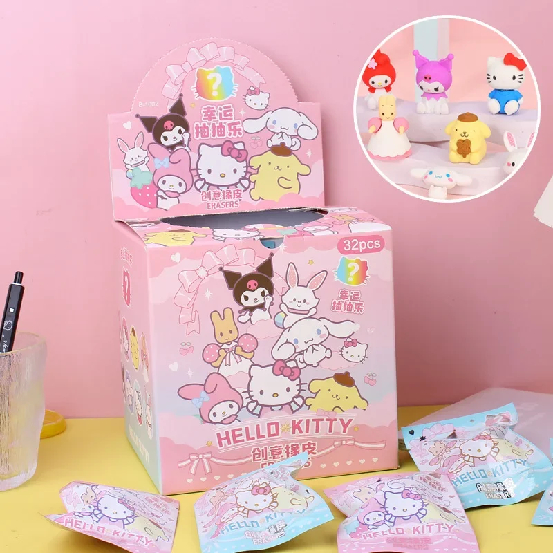 Caja de 32 Uds. De borrador de lápiz Sanrio, bonito Hello Kitty My Melody Kuromi Cinnamoroll, borrador para estudiantes, papelería, suministros escolares al por mayor