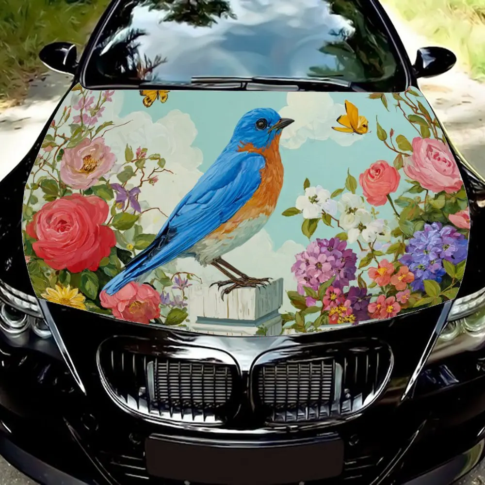 

Flower - filled Bluebird car hood stickers, waterproof self-adhesive, scratch resistant, easy to stick, durable car PVC stickers
