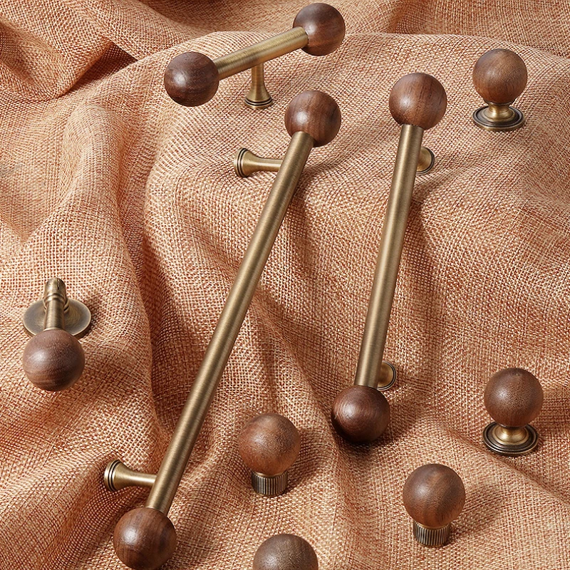 1Pcs Vintage Black Walnut Brass Handle Chinese Ancient Style Wardrobe Door Handle Drawer Cabinet Handle All Copper