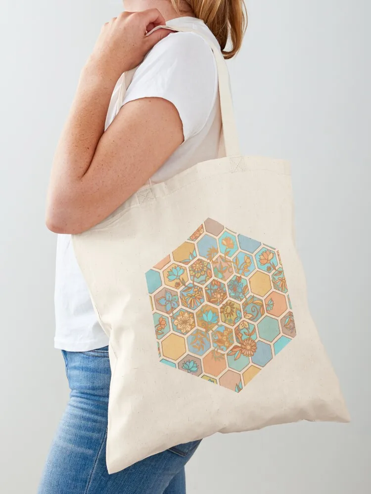 Golden Honeycomb Tangle - hexagon doodle in peach, blue, mint & cream Tote Bag tote bag Shopper Canvas Tote Bag