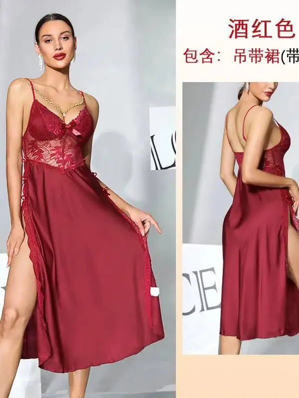 Sexy Spitze Patchwork Hohe Schlitz Nachthemd Mit Brust Pads Satin Strap Langes Kleid Einfarbig Backless Ärmelloses Kleid Charme MY1F