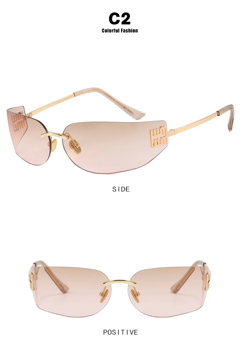 Hochwertige Randlose Rahmenlose Sonnenbrille für Damen Luxuriöse Personalisierte Y2k Gebogene Metallbuchstaben Sonnenbrillen Damenschattierungen – Detail 8