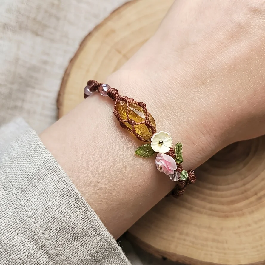 Natural Yellow Crystal Bracelet for Women Handmade Woven with Rope And 3D Flower Accents Vintage Forest System INS Style Unique