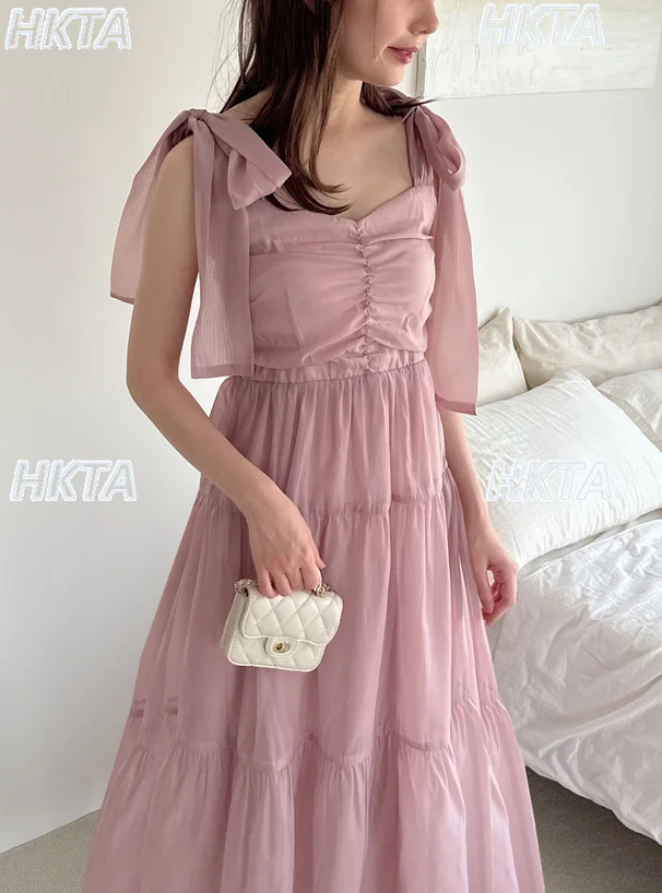 Japanse stijl zomer nieuwe 2025, zoete elegante strikriem, elastische taille, losse commuter lange jarretel, dames chiffon jurken, dames