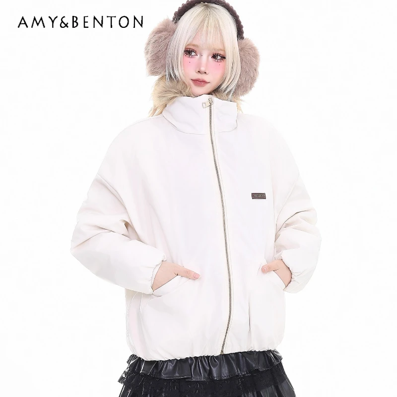 

Vintage Design Fur Stand Collar Women's Coats 2025 Winter New Casual Loose Sweet Y2k Thickened Keep Warm Cotton Jackets Ladies