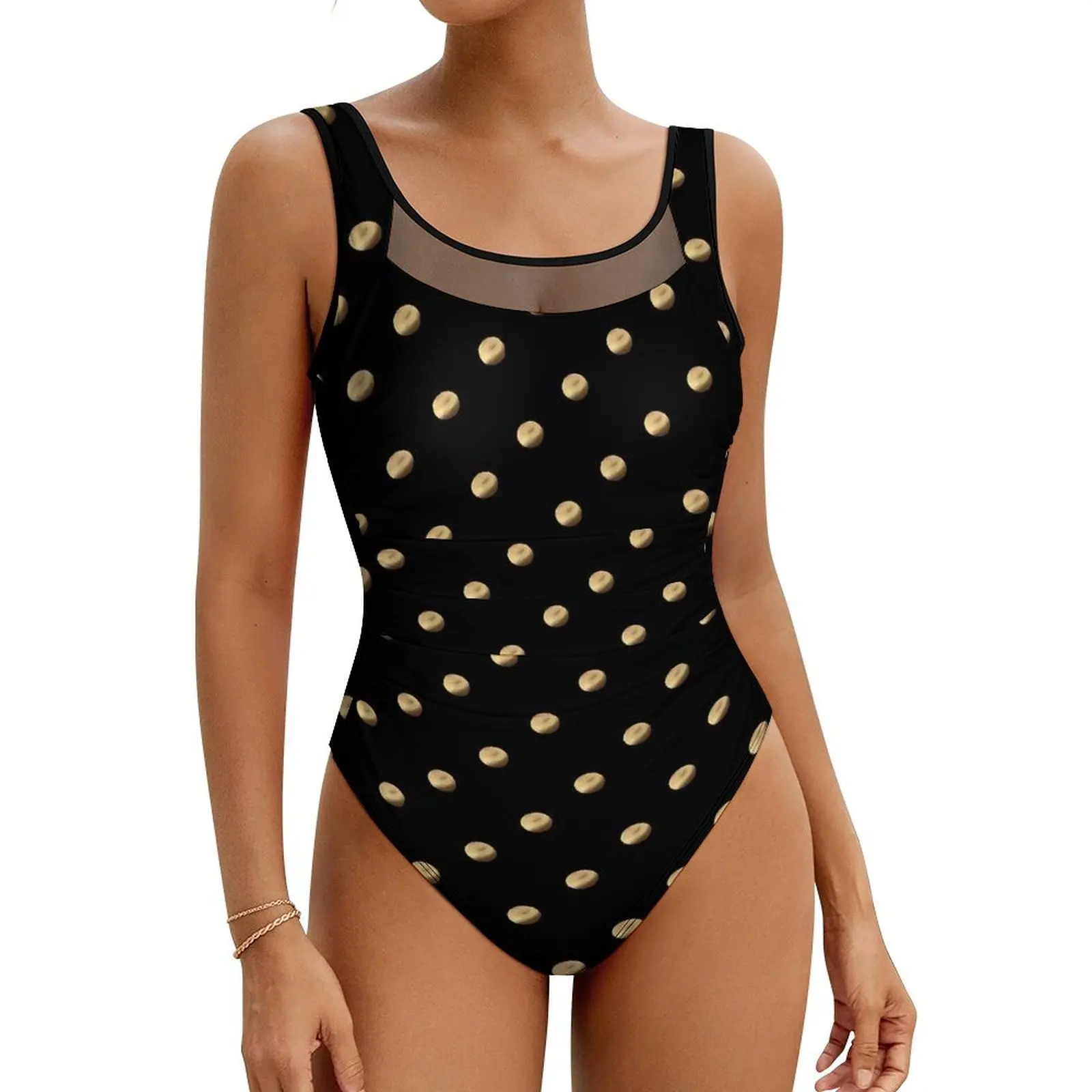 

Polka Dots Swimsuit Sexy Black and Gold One Piece Swimwear Push Up Swimsuits Kawaii Beach Monokini