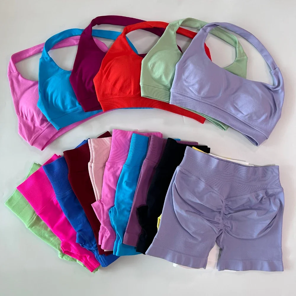 No Logo 2 Pieces Set Women Seamless Yoga Set Workout Sets Halter Sports Bra Scrunch Shorts Gym Suit Fitness Clothes Sportswear
