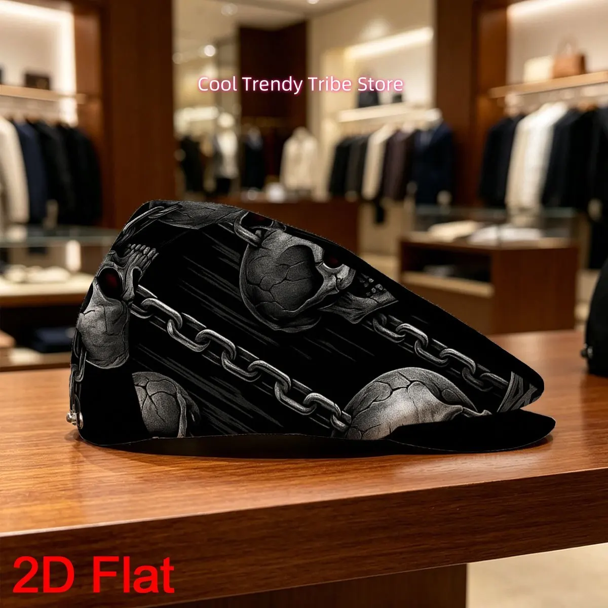 1pc 2D Flat with Chained Skulls Dark Gothic Art Print Gatsby Cap Ivy Cap Flat-Top Hat Adjustable Flat Cap Non-Stretch Fabric Ver