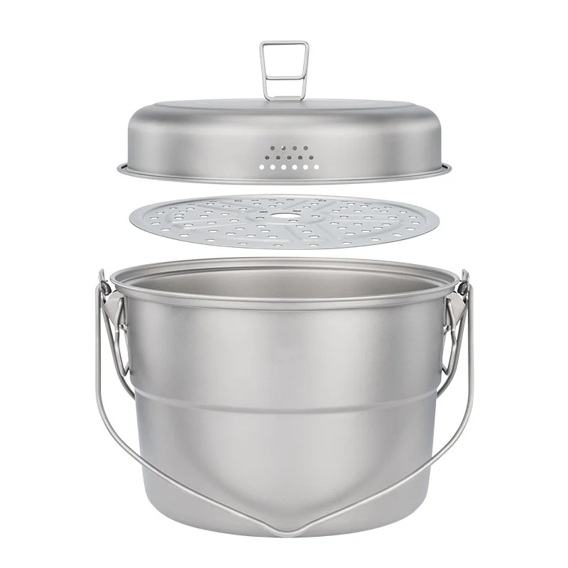 

3.8L Camping Titanium Hanging Pot Outdoor Large Capacity Lightweight Soup Steam Pot Pure Titanium Multilayer Picnic Tableware