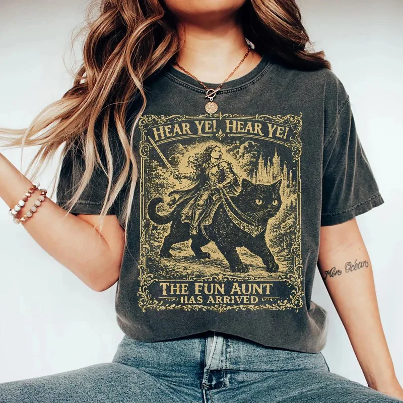 Knight Riding Black Cat Shirt Women's T-shirt Four Season New Item Suitable for Both Men and Women Casual T-shirt